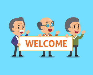 Cartoon senior men holding welcome sign