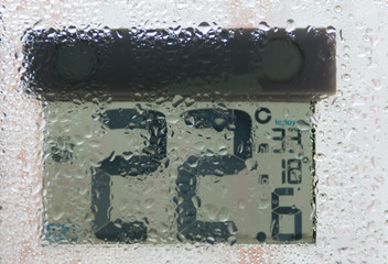 Street thermometer behind window in rainy weather