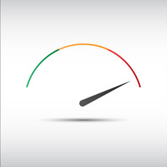 Simple vector tachometer with indicator in red part, speedometer icon, performance measurement symbol
