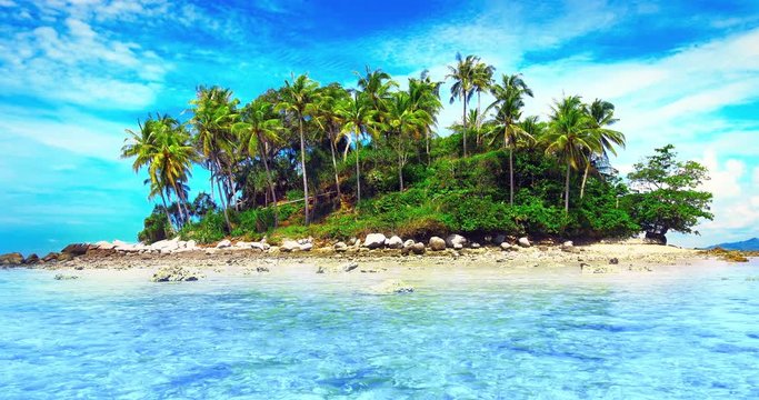 Idyllic tropical nature landscape. Small island with palmtrees in the sea
