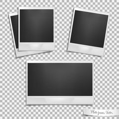 Set of photo frames on transparent background. Isolated template with shadow effect. Vector illustration