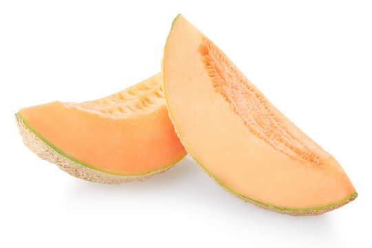 Two cantaloupe melon slices isolated on white, clipping path