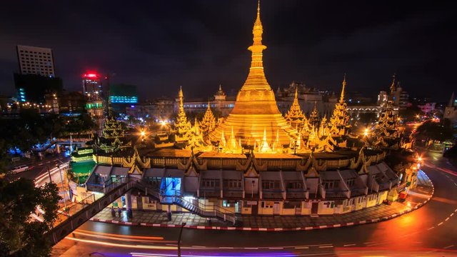 Sule Pagoda Landmark Ancient Pagoda Place Bright In Night Yangon Cityscape Time Lapse Of Yangon City, Myanmar (zoom in)