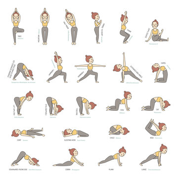 Yoga basic poses with names colored vector set with woman.