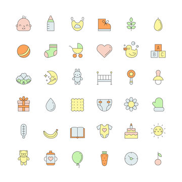 Baby (girl and boy) cute outline colored icons vector set.