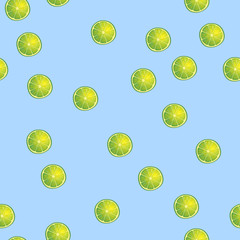 Vector illustration of lime slices in same angles on blue. Pattern.