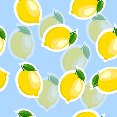 Pattern. lemon and leaves same sizes on blue background. Transparency lemon.