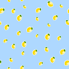 Pattern. small lemon and leaves different sizes on blue background.
