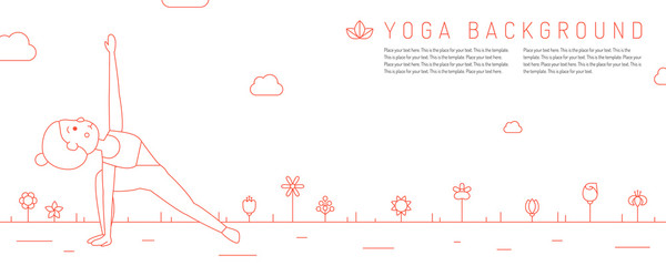 Yoga red horizontal background with young woman and flowers.