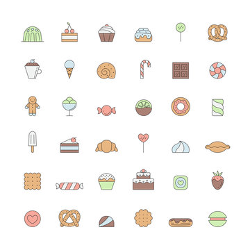 Sweets outline colored icon big vector set. Simple design.