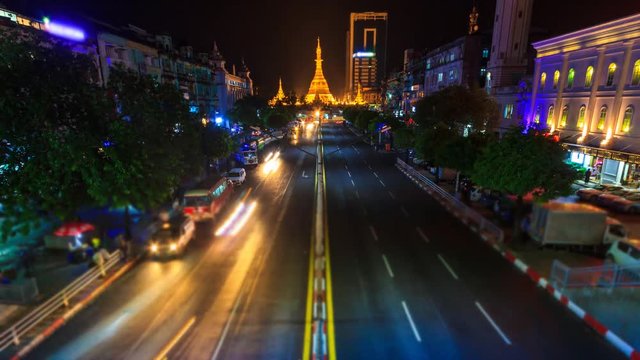 Sule Pagoda Landmark Ancient Pagoda Place Bright In Night Yangon Cityscape 4K Time Lapse Of Yangon City, Myanmar (zoom out)