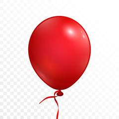 Realistic red balloon with ribbon. Isolated on white transparent background. Vector illustration, eps 10.