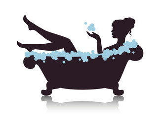 Silhouette elegant woman in the bath with foam
