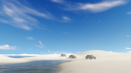 Fototapeta na wymiar Off-road vehicles SUV traveling among unique white sand dunes and rainwater lagoons in Lencois Maranhenses National Park in Brazil at sultry day. 3D illustration.