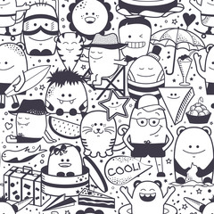 Seamless pattern. Funny monsters, personage. Hand drawn cartoon animals