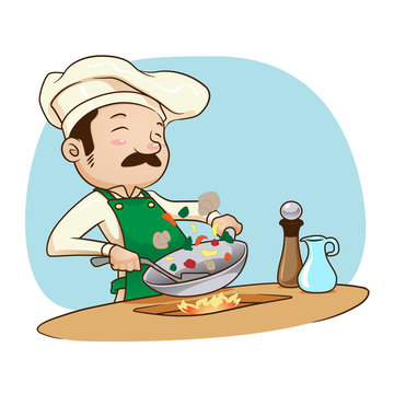 chef - stir fry vegetable illustration, seasoning, oil, blue background, kitchen, green apron.