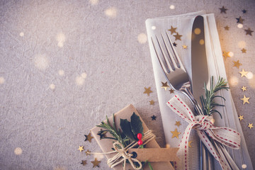 Fototapeta New Year eve 2022, Christmas food menu, holiday breakfast, lunch , dinner table place setting, festive background obraz