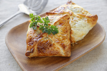 Homemade chicken puff pie, selective focus