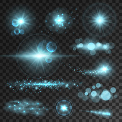 Glowing light flashes set. Blue sparkling stars