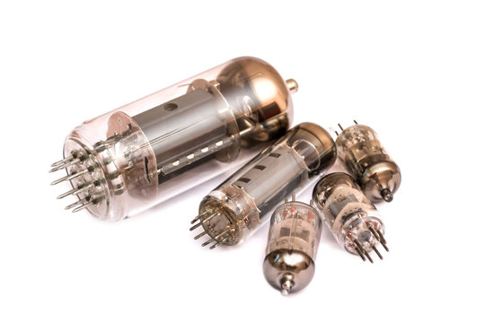 Group of old vacuum tubes isolated on the white background, radio valves.