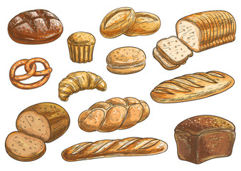 Bread sorts and bakery pencil sketch icons