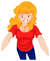 Woman in red shirt and blue pants