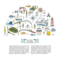 Hand drawn doodle Fishing icons set. Vector illustration. Cartoon catching fish equipment elements collection: Rod, Baits, Spinning, Lure, Inflatable Boat, Yacht, Lighthouse, Cloth, Safety jacket.