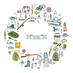 Hand drawn doodle Fishing icons set. Vector illustration. Cartoon catching fish equipment elements collection: Rod, Baits, Spinning, Lure, Inflatable Boat, Yacht, Lighthouse, Cloth, Safety jacket.