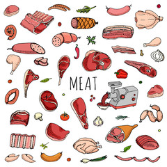 Hand drawn doodle set of cartoon different kind of meat and poultry. Vector illustration set. Sketchy food elements collection: Lamb, Pork, Ham, Mince, Chicken, Steak, Bacon, Sausage, Salami, Veggie.