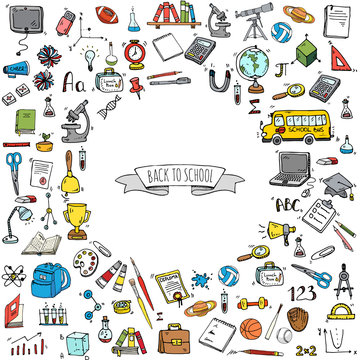 Hand drawn doodle Back to school icons set. Vector illustration. Cartoon. Educational elements: Laptop; Lunch box; Bag; Microscope; Telescope; Books; Pencil. Sketch bus