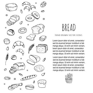 Hand drawn doodles of cartoon food: rye bread, ciabatta, whole grain bread, bagel, sliced bread, french baguette, croissant, sandwich, cake. Bread set. Vector illustration. Sketch elements collection.