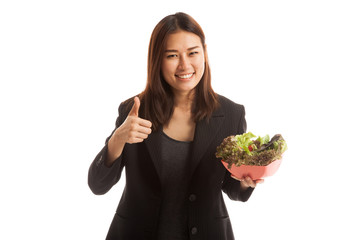 Healthy Asian business woman thumbs up with salad.