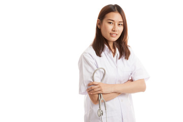 Young Asian female doctor hold stethoscope and smile.