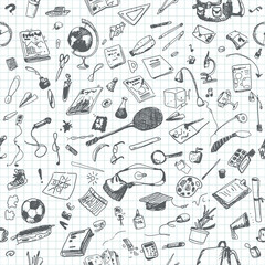 Fototapeta na wymiar Hand drawn doodle school objects seamless pattern. Gray pencil objects, notebook background. Learning, study, poster, flyer, design.