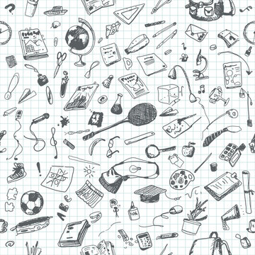 Hand drawn doodle school objects seamless pattern. Gray pencil objects, notebook background. Learning, study, poster, flyer, design.