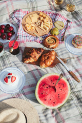 summer picnic on the rug. Fruits, berries, pastries and cheese