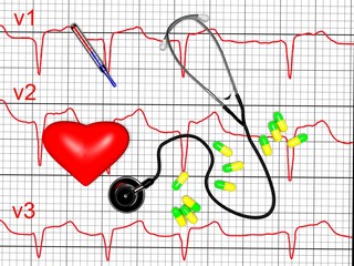 Red heart and a stethoscope, cardiogram, 3d render