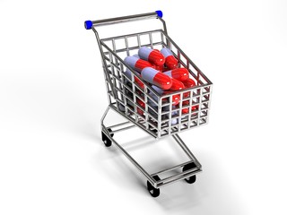 shopping trolley with pills on white background, 3d render