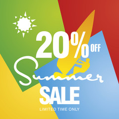 Summer sale 20 percent off discount offer windsurf board sun card color background vector