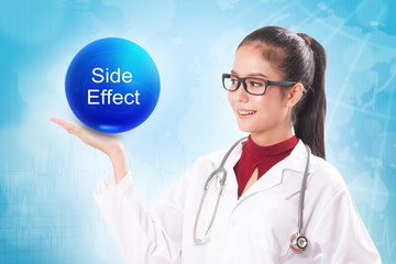Female doctor holding blue crystal ball with side effect sign on medical background.
