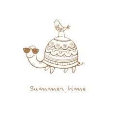 Card with cute cartoon  turtle in sunglasses  and bird. Summer time. Children's illustration. Funny animals. Vector contour image no fill.