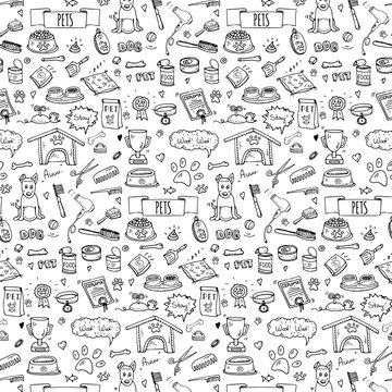 Seamless pattern hand drawn doodle Pets stuff and supply icons set. Vector illustration. Symbol collection. Cartoon dog care elements: kennel, leash, food, paw, bowl, bone and other goods for pet shop