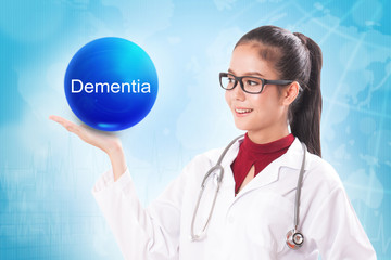 Female doctor holding blue crystal ball with dementia sign on medical background.