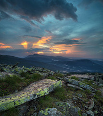 Mountain panorama during sundown. Beautiful natural panoramic landscape in the summer time