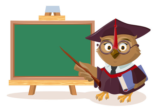 Owl teacher with book and pointer stands near blackboard