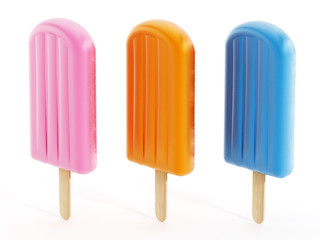 Pink, orange and blue ice creams on wooden stick. 3D illustration