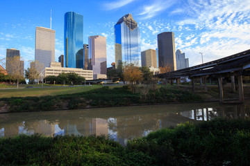 Houston Texas Skyline with modern skyscrapers and blue sky view