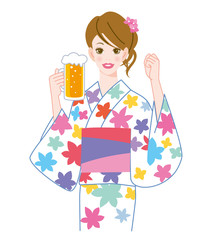 浴衣を着た女性とビール