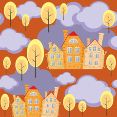 seamless pattern with the image of old town houses, clouds and trees. autumn cityscape.