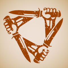 Hands with knives a triangle. Retro styled grunge vector icons.